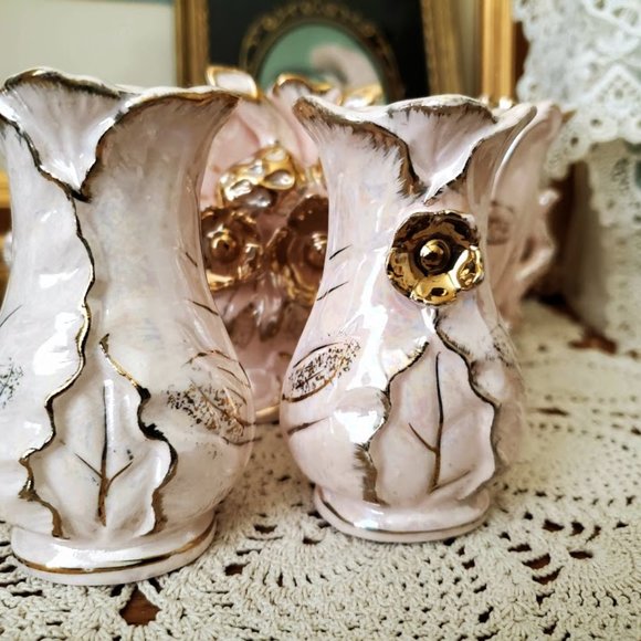 Vintage MCM Betson Pottery Hand Painted Planter & Taper Candle Holders Pink/Gold - Picture 13 of 16